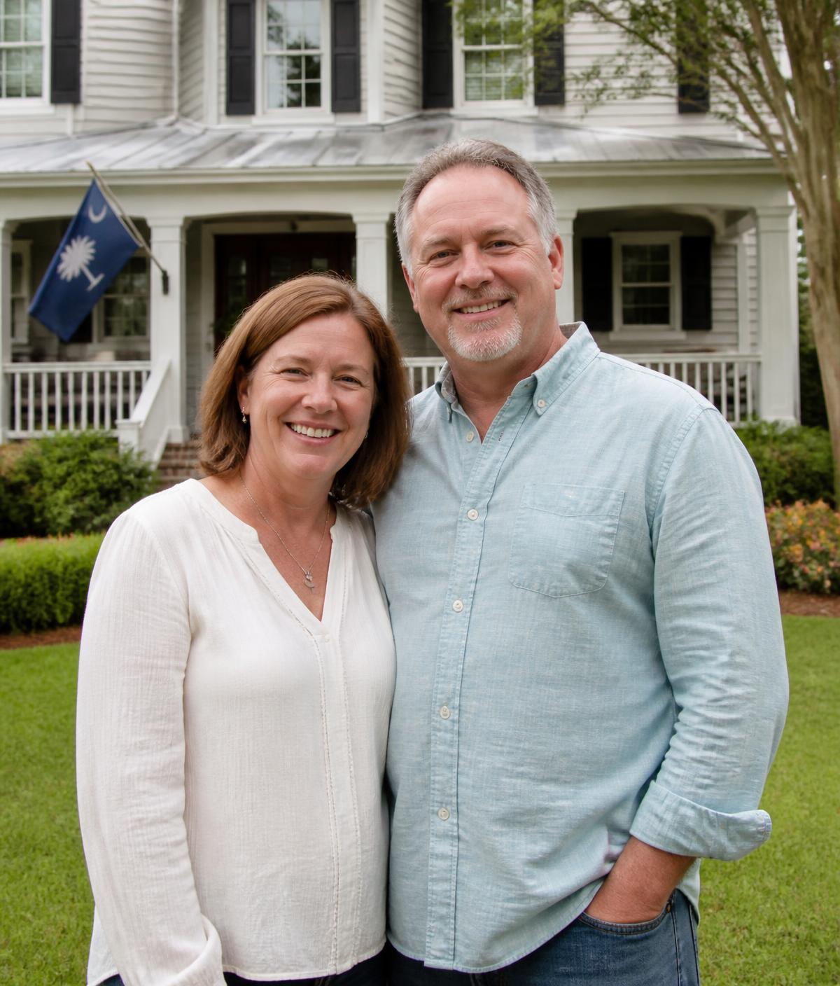 South Carolina homeowners standing in front of the house they sold for cash